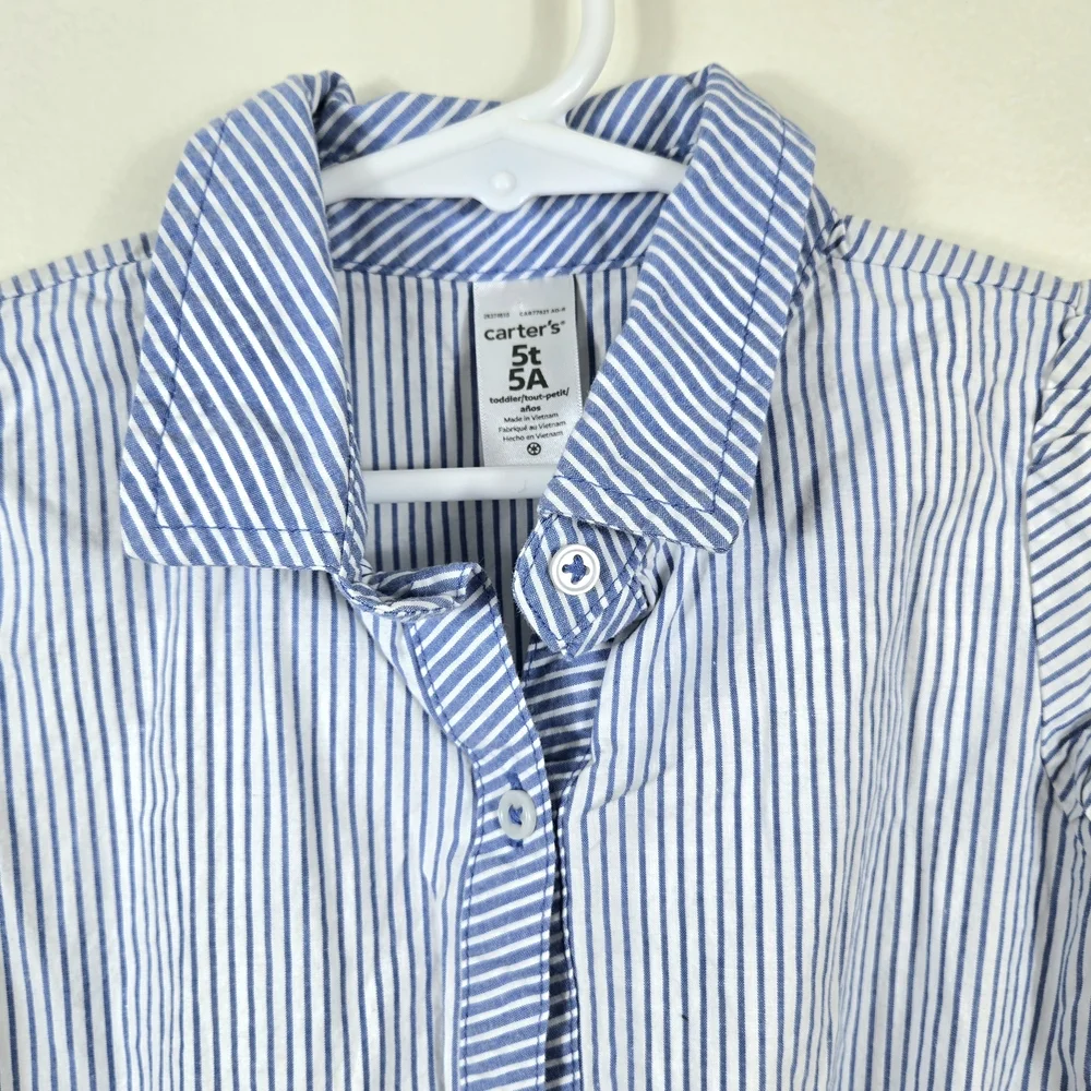 Carter's Girls Blue White Striped Cap Sleeve Belted Preppy Button Shirt Dress 5T